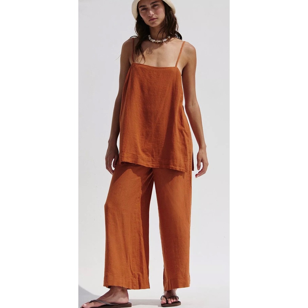 Free People Sightseer Linen Set in Sugar  Almond Medium NWT